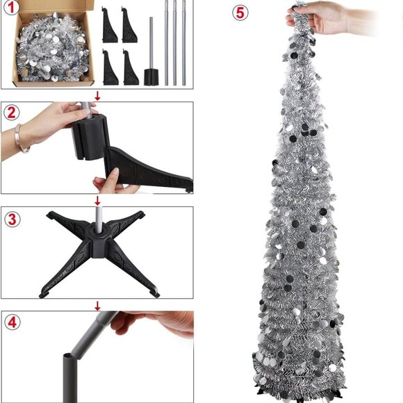 5FT Silver Christmas Pop Up Tinsel Tree Holiday Decor Collapsible - Picture 4 of 6